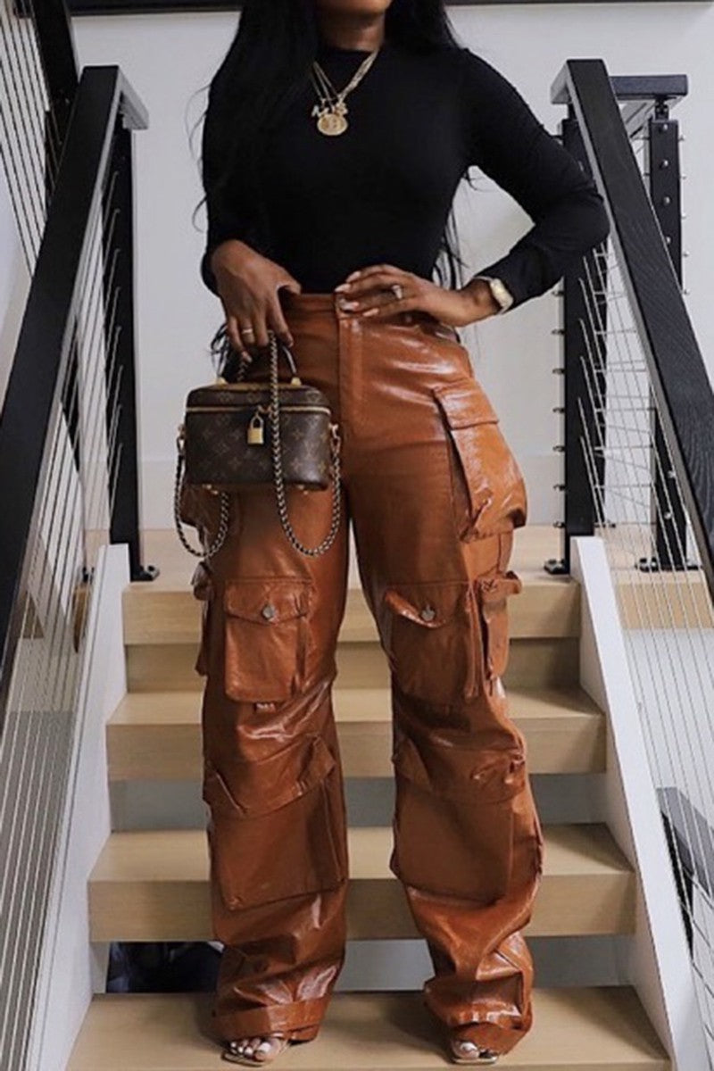 Brown Leather Cargo Pants